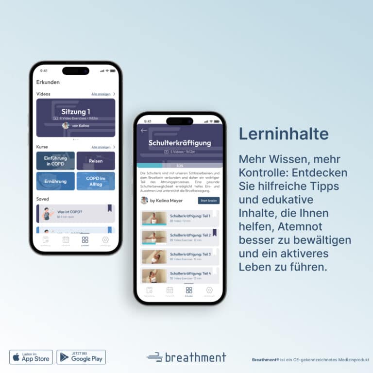 Zwei Smartphone-Screens zeigen Lerninhalte der Breathment App, darunter Kurse, Videos und eine Einheit zur Schulterkräftigung. Rechts steht der Text „Lerninhalte – Mehr Wissen, mehr Kontrolle“, mit einer Erklärung, dass die App Tipps und edukative Inhalte bietet, um Atemnot besser zu bewältigen. Unten ist das Breathment Logo zu sehen.