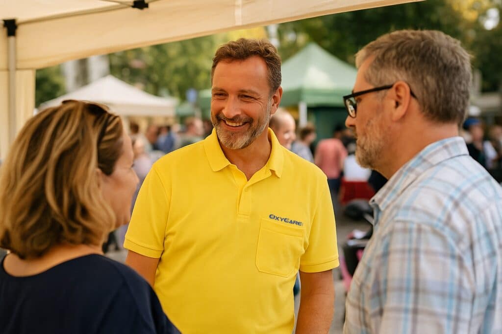 Ein OxyCare Mitarbeitender im gelben Shirt lächelt und spricht mit zwei Menschen. Sie stehen unter einem Pavillon auf einer Veranstaltung im Freien. Die Szene vermittelt einen warmen, persönlichen Austausch.